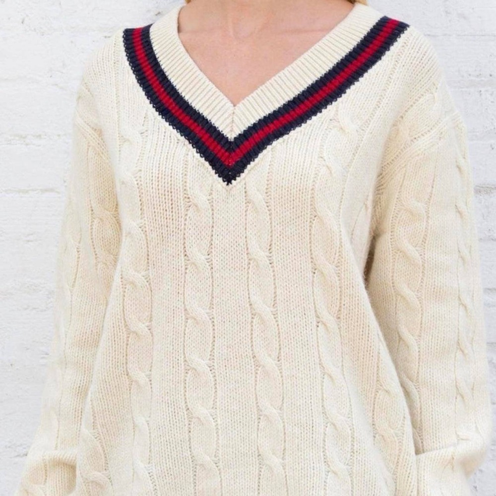 Brandy Melville Cream Cable Knit Varsity V-Neck Sweater Red Navy Stripe